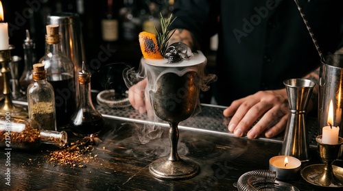 Mysterious Halloween Cocktail with Smoke and Skull Ice
