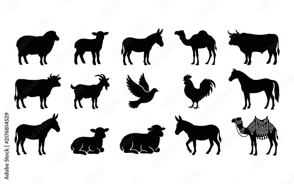 Fototapeta premium Collection of various farm animal silhouettes including sheep donkey camel cow goat horse and rooster isolated