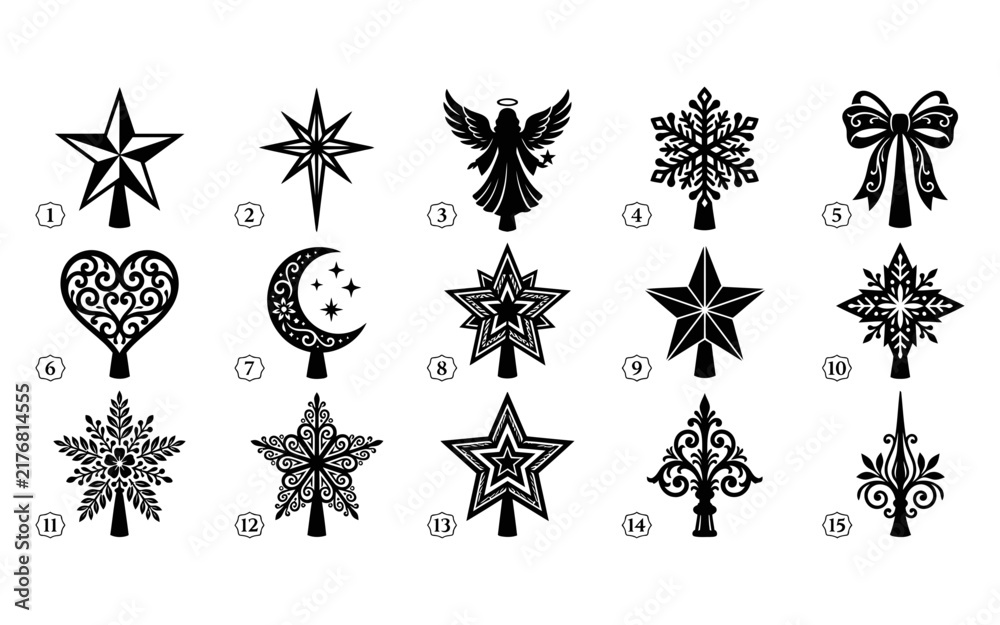 Fototapeta premium Set of fifteen decorative christmas tree topper silhouettes featuring stars angels snowflakes and elegant festive ornaments