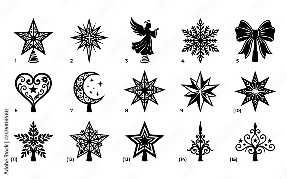 Fototapeta premium Set of decorative christmas tree topper silhouettes featuring stars angels snowflakes and festive holiday ornaments in black