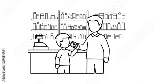 Father giving medicine to child in pharmacy, illustration
