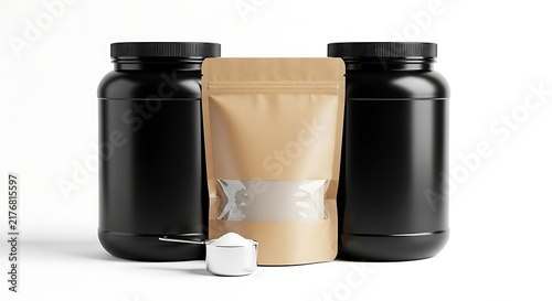 Protein powder containers and supplements pouch with supplement, container