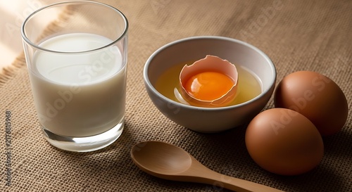 Baking ingredients with milk glass and raw eggs ingredients breakfast