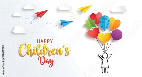 Happy childrens day paper art greeting with children greeting balloons