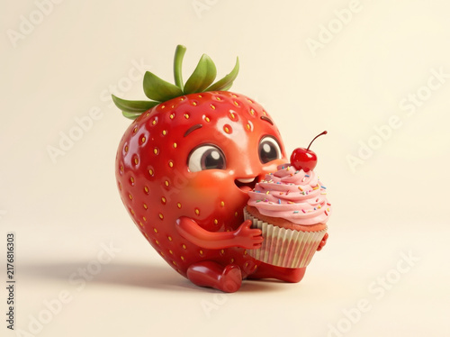 Cute cartoon strawberry character sitting and holding pink frosted cupcake for dessert design concept in three dimensional render.