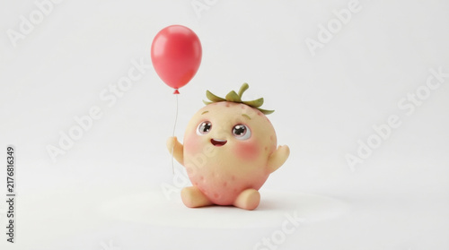 Cute cartoon strawberry character sitting and holding red balloon against simple white background for creative design projects.