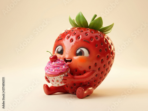 Cute cartoon strawberry character sitting and holding small pink cupcake with cherry on top against soft neutral color background.