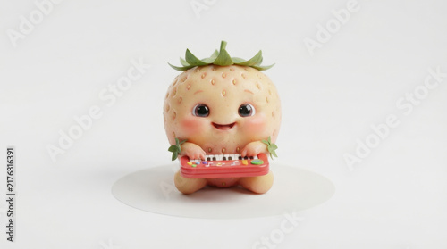Cute cartoon strawberry character sitting and playing a small red electronic musical keyboard toy against white studio background.