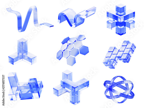 Abstract light blue glass geometric shapes set isolated on white background. Modular 3D cubes, protect shield dome, tech sphere circle lines, clear water wave ribbons, block structure. 3D illustration