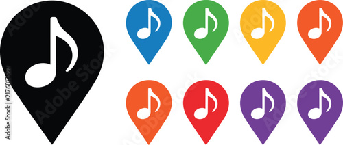 Music Map Pin Pointer Icon Set in Various Colors