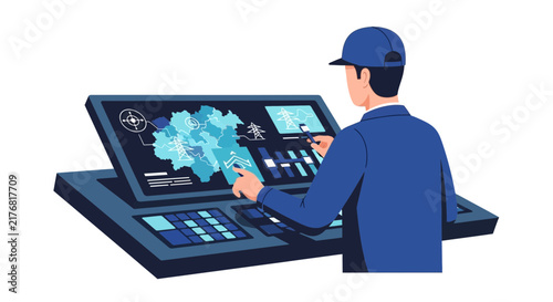 Engineer Monitoring Smart Grid Power Distribution System on Digital Control Panel, Flat Vector Illustration of Energy Management Professional at Work
