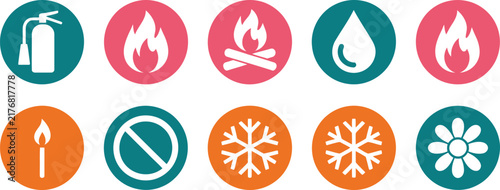 Fire safety and weather warning circle icons set