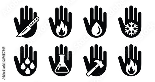 Hand Protection and Hazard Warning Icon Set