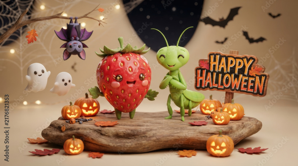 Naklejka premium Cute strawberry character and grasshopper friend with glowing jack o lanterns and autumn leaves for festive halloween celebration.