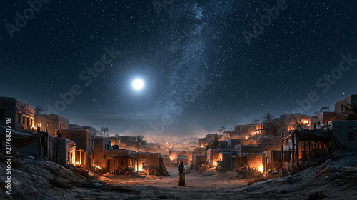 Lone Woman Standing in Ancient Village Under Starlit Sky