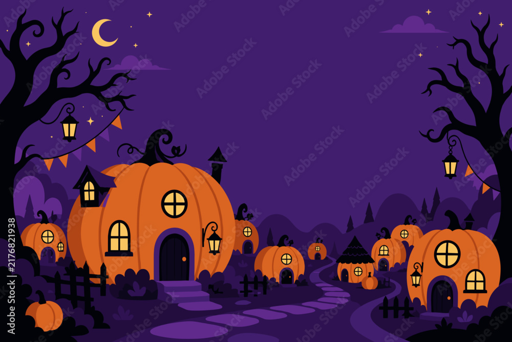 Fototapeta premium Friendly Pumpkin Village Vector Party Invitation Background