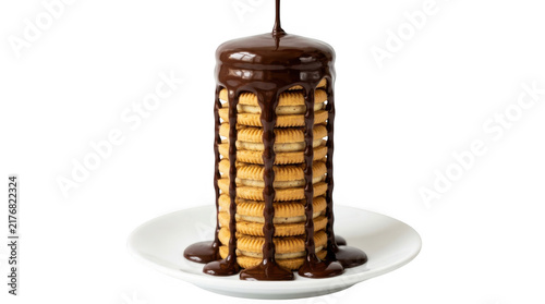 Stack of cookies covered with melted chocolate on a plate isolated on transparent background