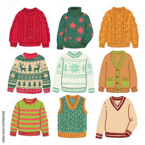 Hand drawn winter sweater collection featuring knitted sweaters, turtleneck, cable knit, striped and plaid designs, ugly Christmas sweater, cardigan, jumper, vest and festive patterns.
