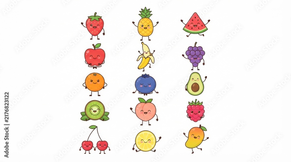 Naklejka premium Cute cartoon fruit characters set with happy faces and funny poses