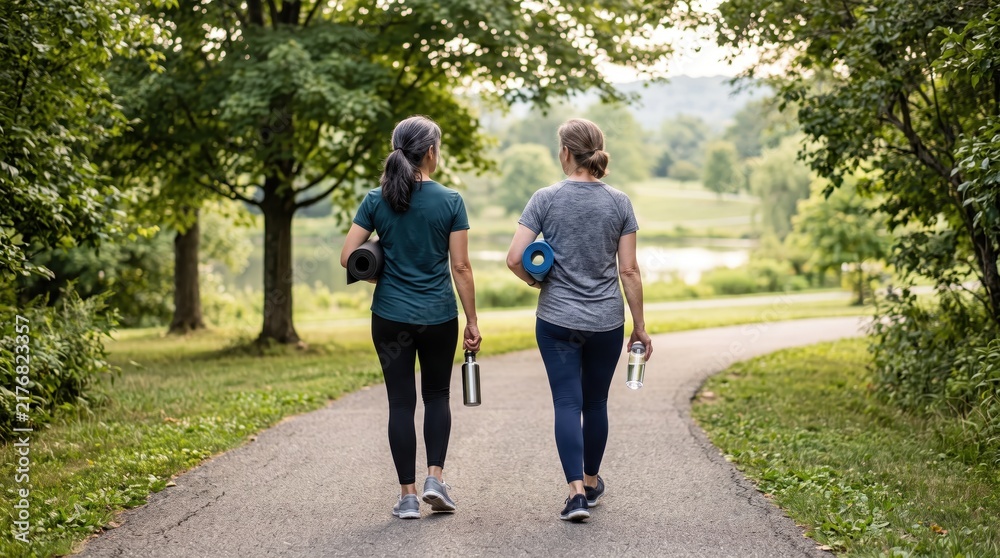 Obraz premium Rear view of two women friends walking on path in green park carrying yoga mats and water bottles, healthy active lifestyle, fitness exercise, wellness and outdoor recreation