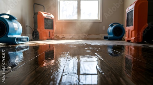 Industrial air movers and dehumidifiers used for water damage restoration on a flooded hardwood floor inside a home, professional drying equipment drying a wet room after a plumbing leak.