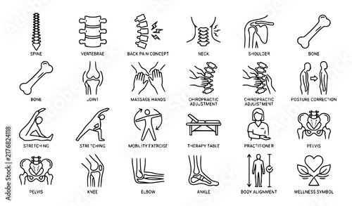 Фотография Orthopedic and Spine Care Line Icon Set Vector Illustration with Bone Joint Pain
