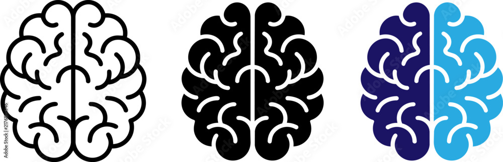 Fototapeta premium Brain Icon Set, Human Brain Vector Symbol in Outline Black and Blue Style for AI, Psychology and Neuroscience Design