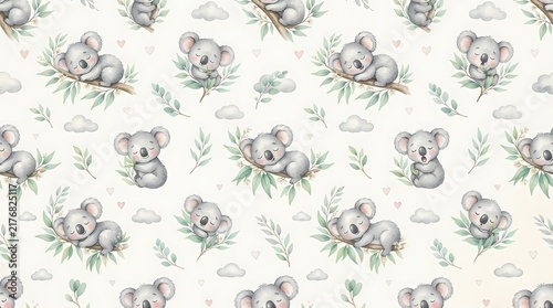 Seamless pattern with cute watercolor koalas on eucalyptus branches for nursery decor