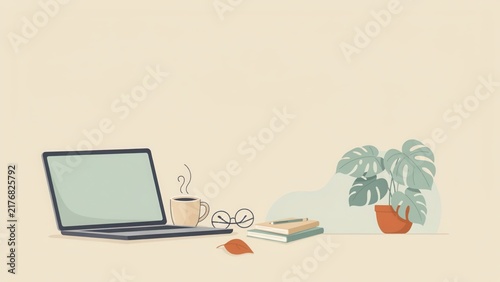 Minimalist workspace with laptop, coffee mug, glasses, books, and plant
