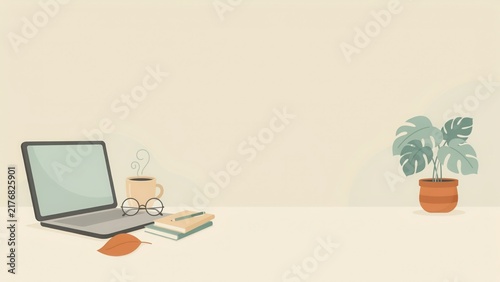 Minimalist workspace with laptop, notebook, coffee cup, glasses, and plant