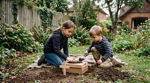 Children burying a pet in a backyard with a small wooden cross and cardboard box