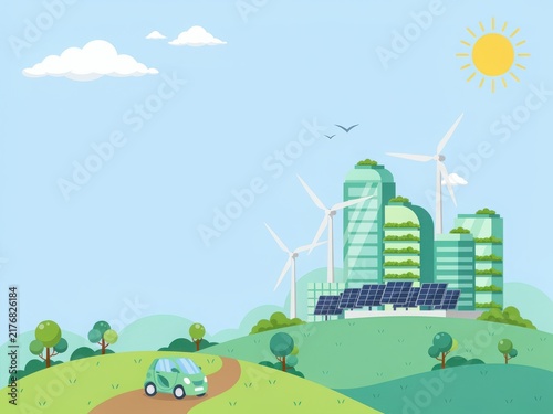 Modern city skyline with car and airplane under bright sunny sky