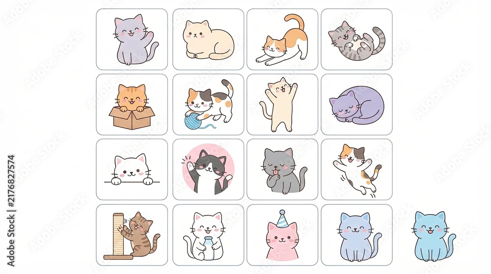 Fototapeta premium Cute cartoon cat sticker set with various poses and happy expressions