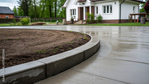Rainy suburban driveway and curved concrete garden edging beside a modern house