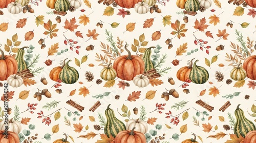 Watercolor autumn seamless pattern with pumpkins and fall leaves on white background
