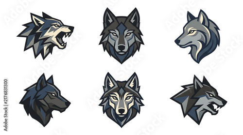 Collection of stylized wolf head logos in vector art style.
