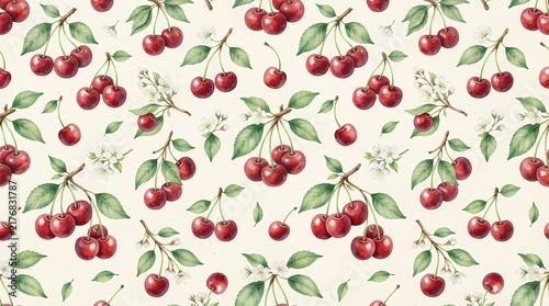 Seamless pattern with watercolor cherries and green leaves on a light cream background