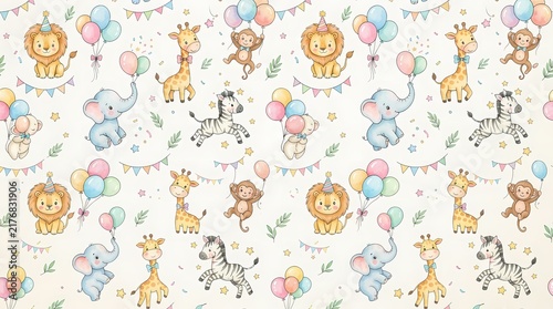 Cute safari animal seamless pattern with balloons for baby shower and nursery decor.