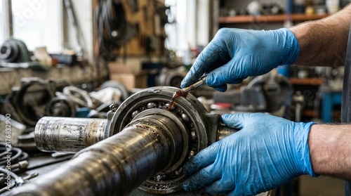 Technician Inspecting Industrial Bearing and Mechanical Component in Workshop - Maintenance Concept