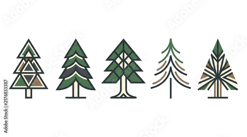 Minimalist Christmas tree icons in green outline style.