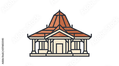 Traditional Asian temple with ornate roof and pillars.