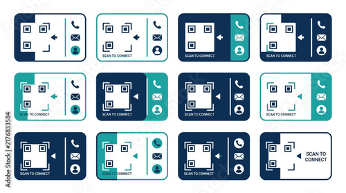 Set of modern business card templates with QR code scanning frames and contact icons