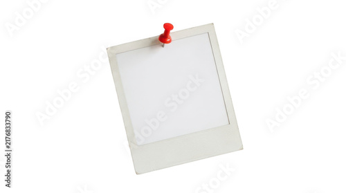 Blank vintage polaroid photo frame with a red push pin isolated on transparent background