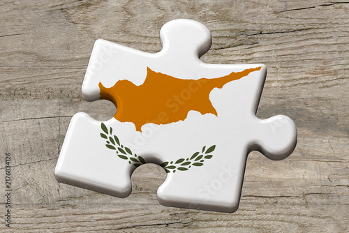 3D illustration. Flag of Cyprus on a jigsaw puzzle pieces on a wood background.
