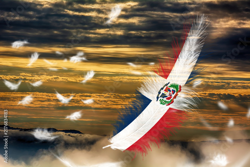 3D illustration. Flag of Dominican Republic on a feathers fluttering in the sky background.