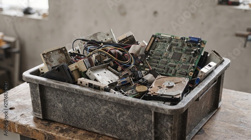 Electronic waste in plastic bin, pile of old computer hardware and circuit boards, e-waste recycling concept for sustainable disposal