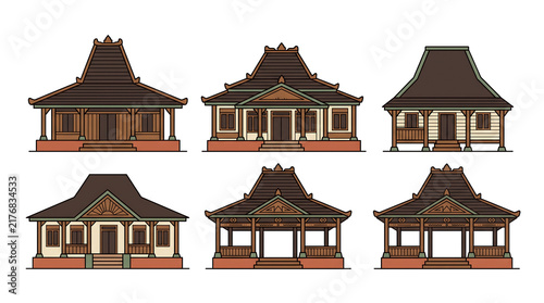 Traditional Asian Wooden Houses with Curved Roofs in Flat Design.