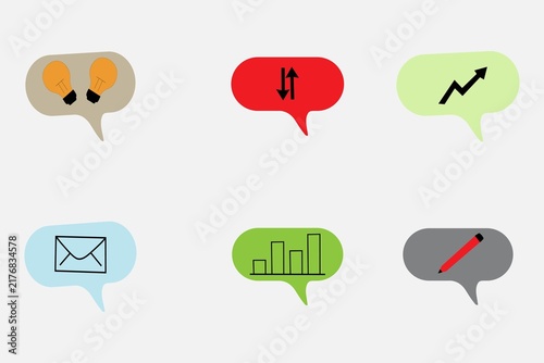 Six colorful speech bubble icons with different symbols isolated on white background
