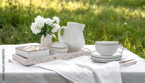 Elegant outdoor table setting with white tablecloth, delicate tea cups, porcelain dishes, and a fresh white flower arrangement surrounded by lush greenery.