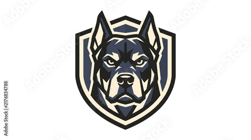 Black and blue shield emblem with fierce dog head design.